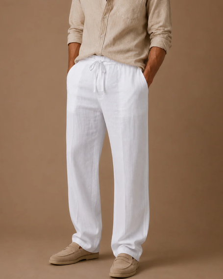 Men's linen blend lightweight casual trousers by FJØRNA, smart summer pants for relaxed, stylish wear.