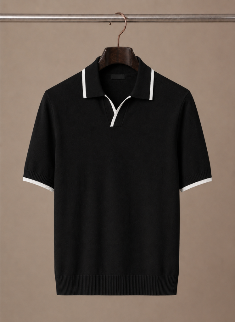 Men's slim fit polo shirt by FJØRNA featuring contrast trim and luxurious cotton fabric, displayed with a tailored fit and classic collar.