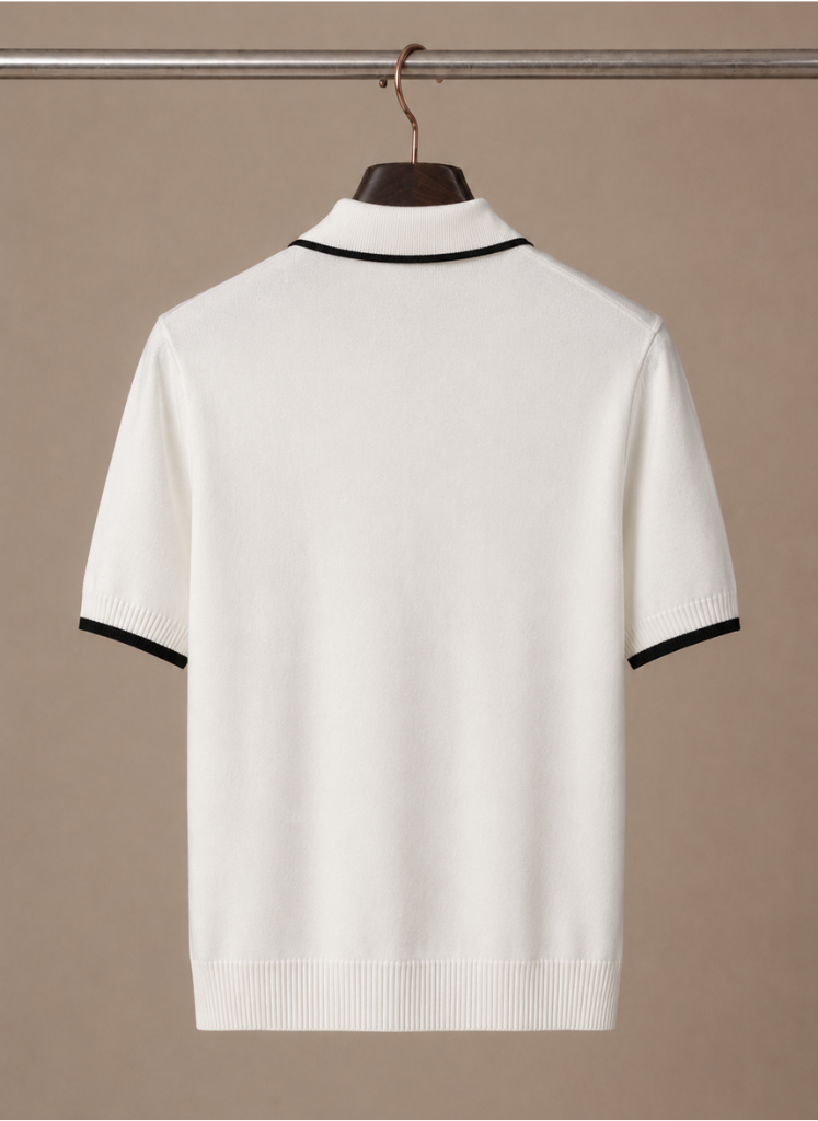 Men's slim fit polo shirt by FJØRNA with contrast trim and luxury cotton fabric, shown in a stylish, close-up view.