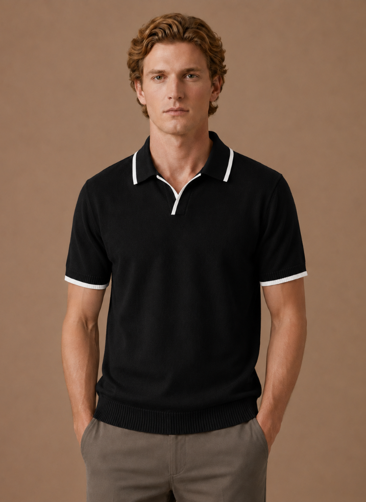 Men's slim fit polo shirt by FJØRNA featuring contrast trim and luxury cotton fabric, shown with a close-up of the shirt's details