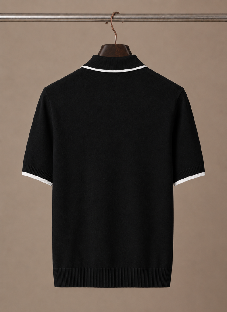 FJØRNA men's slim fit polo shirt with contrast trim in luxurious cotton, front view showing collar and short sleeves.