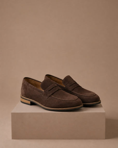 FJØRNA men's suede penny loafers for smart casual and formal wear, featuring classic slip-on design and sleek style.