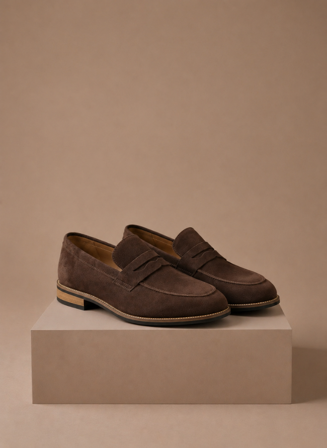 FJØRNA men's suede penny loafers for smart casual and formal wear, featuring classic slip-on design and sleek style.