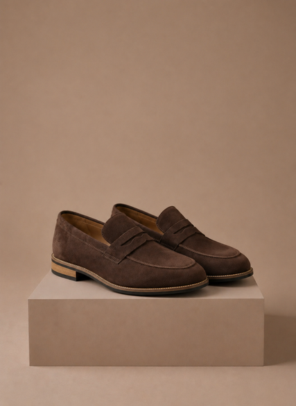FJØRNA men's suede penny loafers for smart casual and formal wear, featuring classic slip-on design and sleek style.