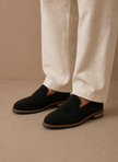 FJØRNA men's suede penny loafers, smart casual and formal men's shoes, shown in classic tan with sleek stitching details.