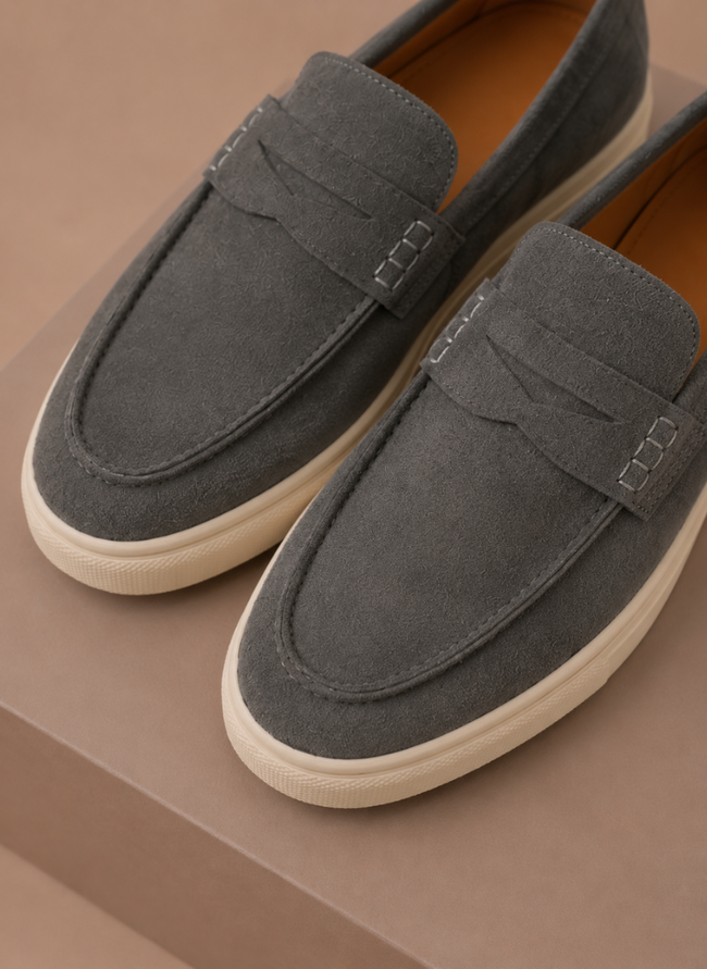 Men's FJØRNA suede penny loafers, lightweight slip-on shoes with a sleek design and smooth suede finish.