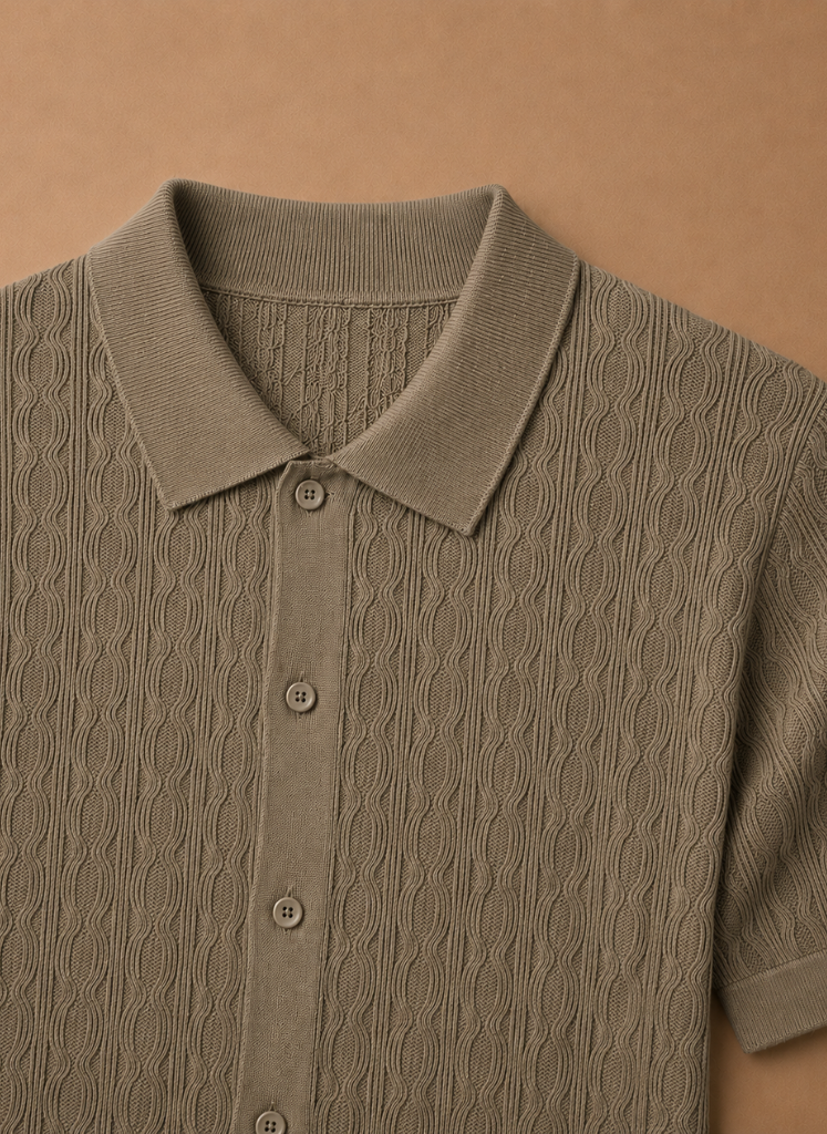 Men's textured FJØRNA polo shirt with short sleeves, breathable fabric, ideal for smart casual and casual wear.