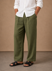 Men's relaxed fit linen cotton summer trousers by FJØRNA, showing lightweight, breathable fabric and casual style.