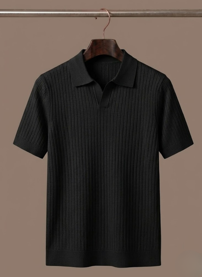 Men's lightweight ribbed knit polo shirt by FJØRNA, perfect for summer casual wear, featuring a classic fit and ribbed texture.