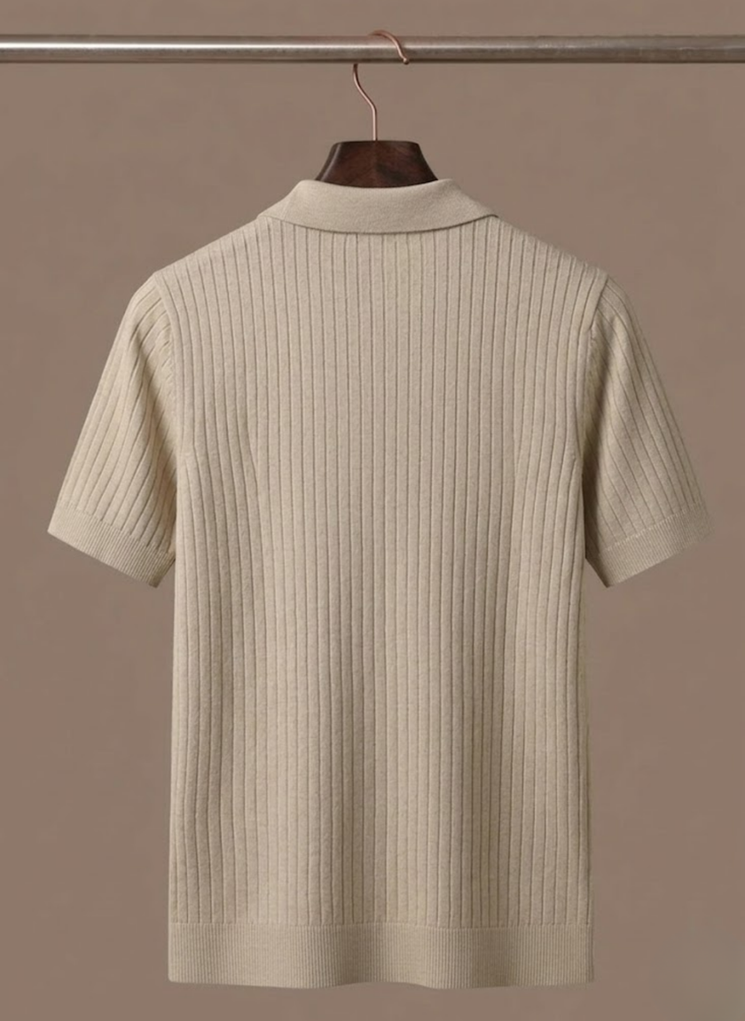 Men's lightweight ribbed knit polo shirt by FJØRNA, casual summer men's polo with a classic fit and breathable fabric.