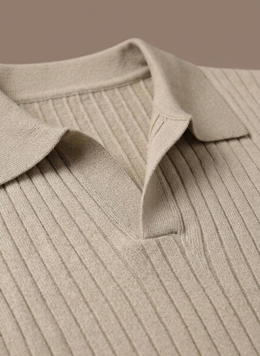 Men's ribbed knit polo shirt from FJØRNA, lightweight summer casual polo, featuring a classic collar and textured ribbed fabric.