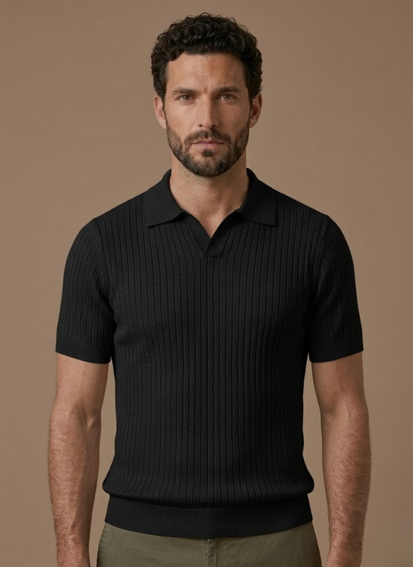 Men's ribbed knit polo shirt by FJØRNA, lightweight summer casual polo with a classic fit and ribbed texture.