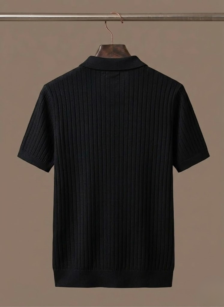Men's ribbed knit polo shirt by FJØRNA, lightweight summer casual polo with a classic fit and ribbed texture.
