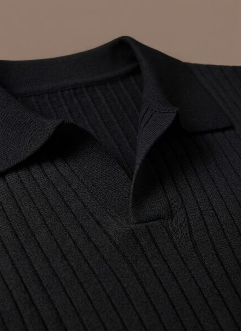 Men's FJØRNA ribbed knit polo shirt in lightweight fabric, ideal for summer casual wear, shown in a relaxed fit.