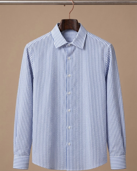 Men's FJØRNA seersucker striped shirt with breathable linen fabric, long sleeves, perfect for summer casual wear.