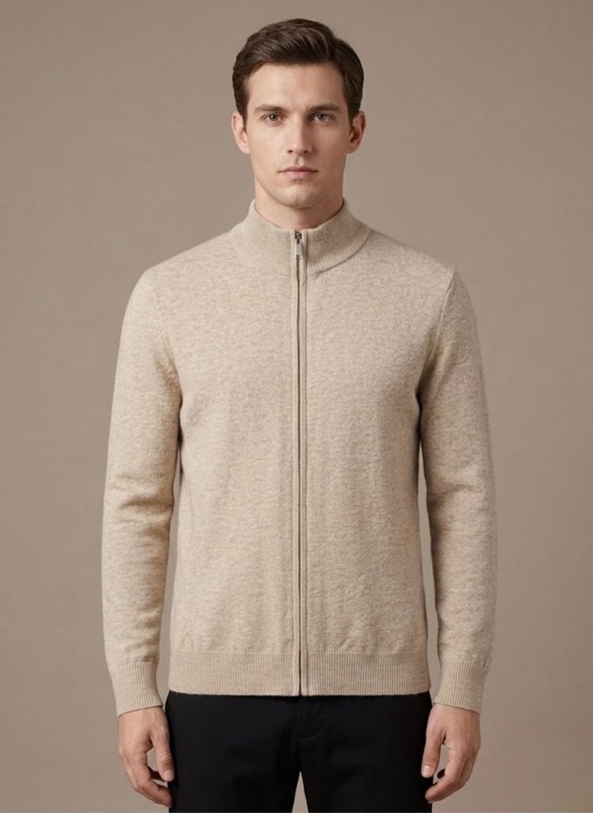 Men's FJØRNA zip cardigan with stand collar, casual stretch knit sweater, featuring a front zipper and relaxed fit.
