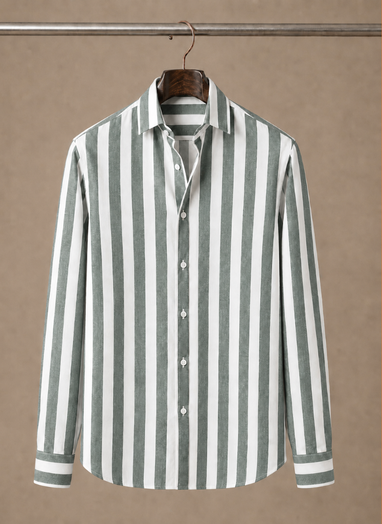 Men's striped button-down shirt by FJØRNA, featuring a smart casual design in breathable fabric, ideal for summer outfits.