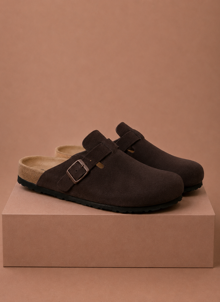 FJØRNA men's suede slip-on clogs, comfortable everyday shoes, showing tan suede upper and casual slip-on design.