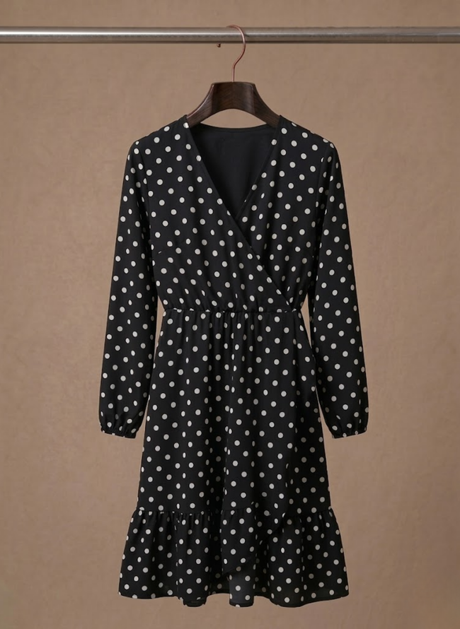 Women's lightweight polka dot mini dress by FJØRNA, summer dress with a comfortable fit and playful pattern.