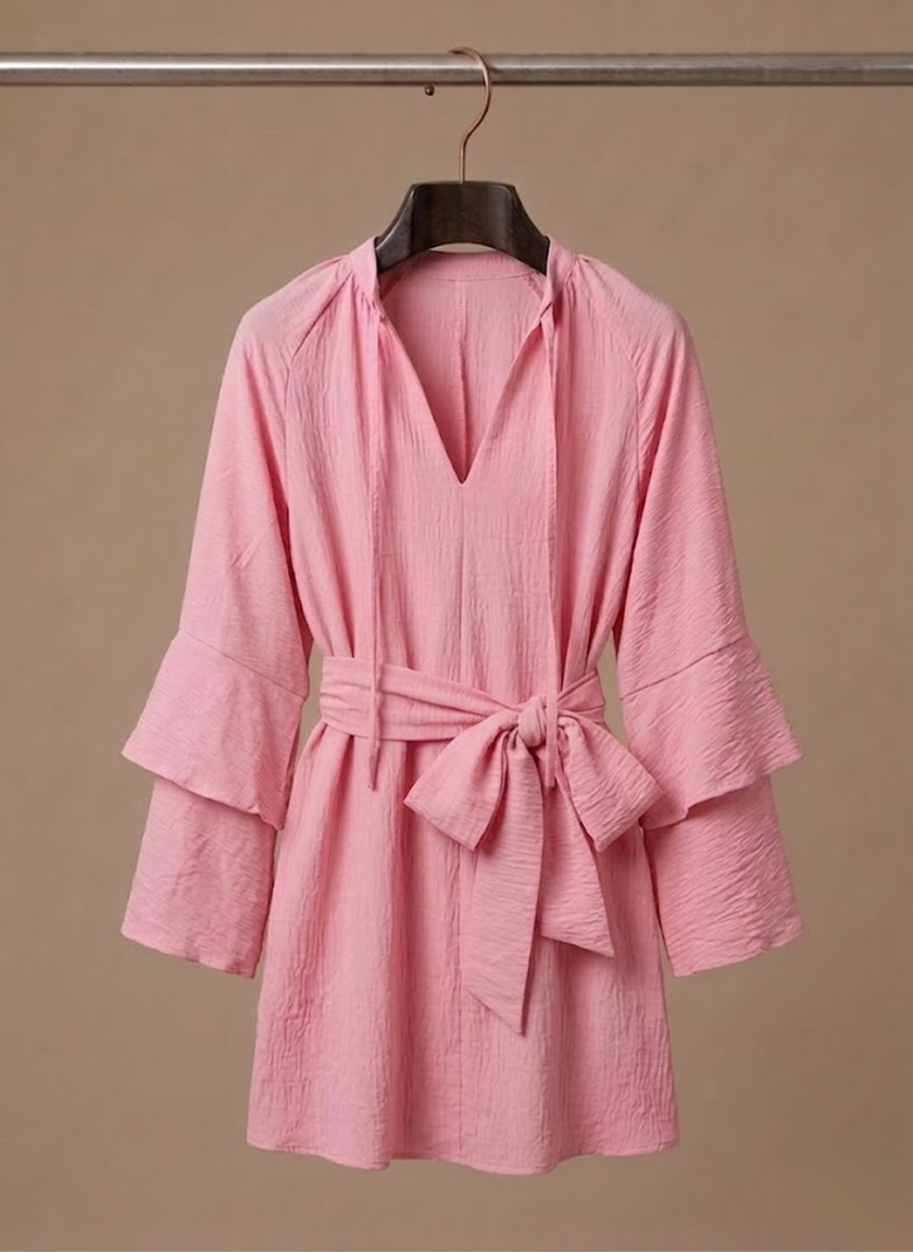 FJØRNA women's ruffle hem mini dress with long sleeves and belted waist, featuring a stylish, feminine design.