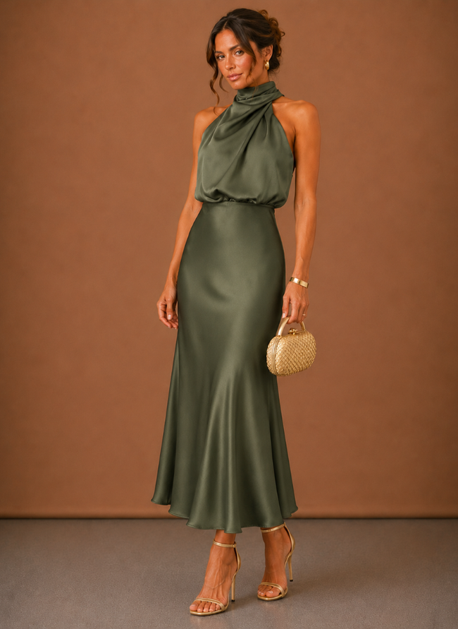 FJØRNA women's satin halter maxi dress in ivory, elegant design perfect for weddings and formal events.