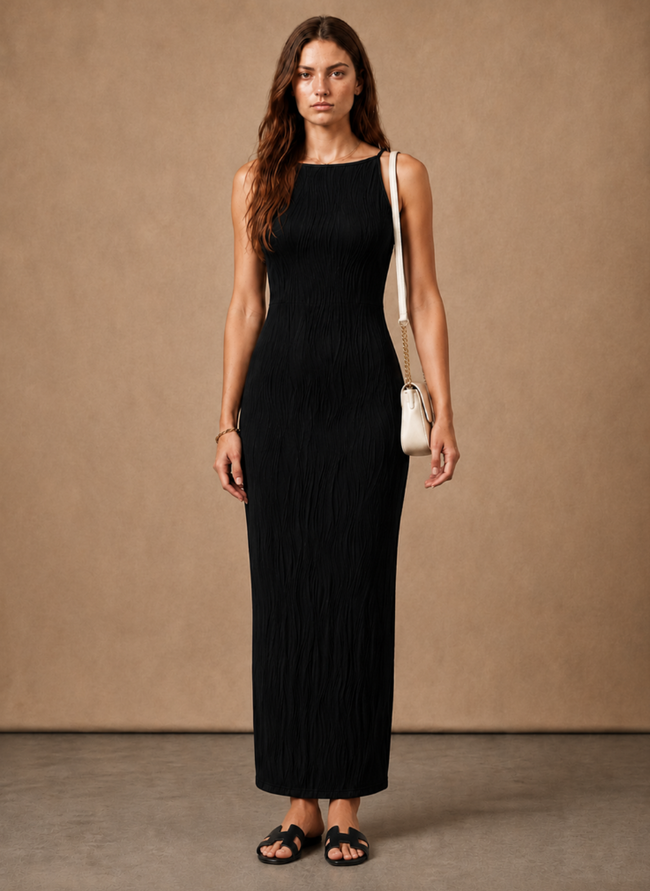 FJØRNA women's sleeveless slim fit textured maxi dress, perfect for summer, featuring a flowing silhouette and elegant design.