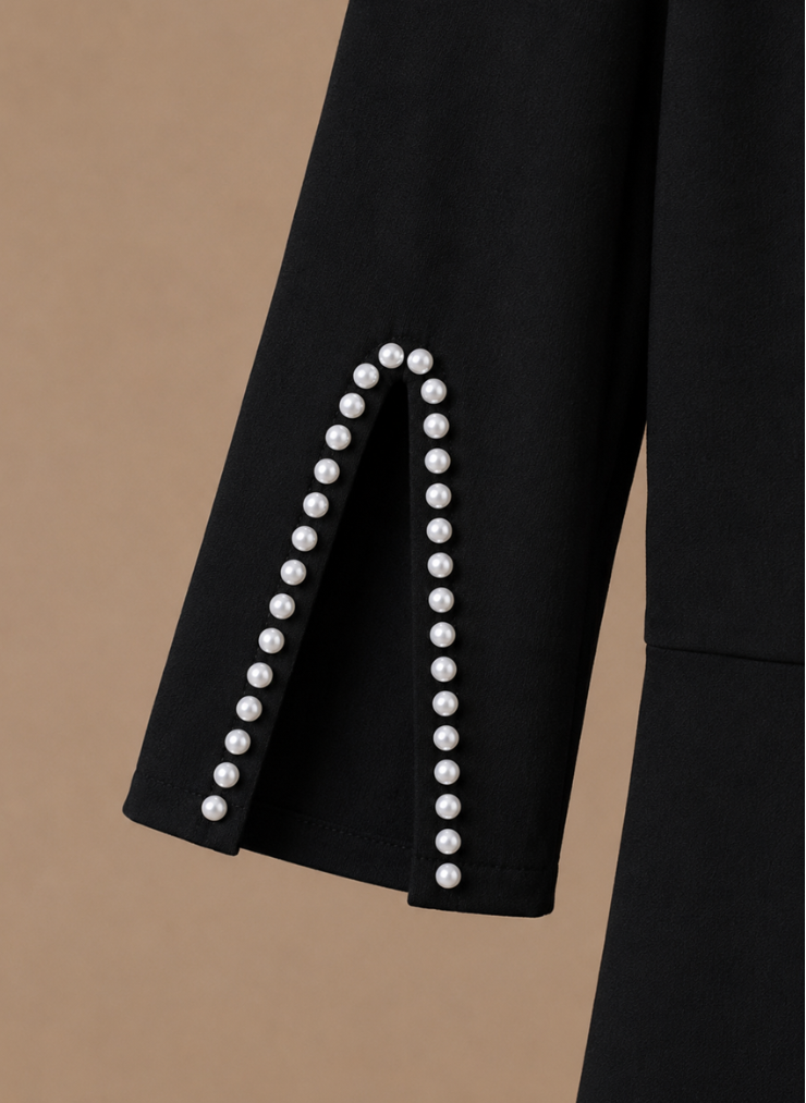 Women's slim fit midi dress by FJØRNA featuring pearl sleeve details and a stylish split design.