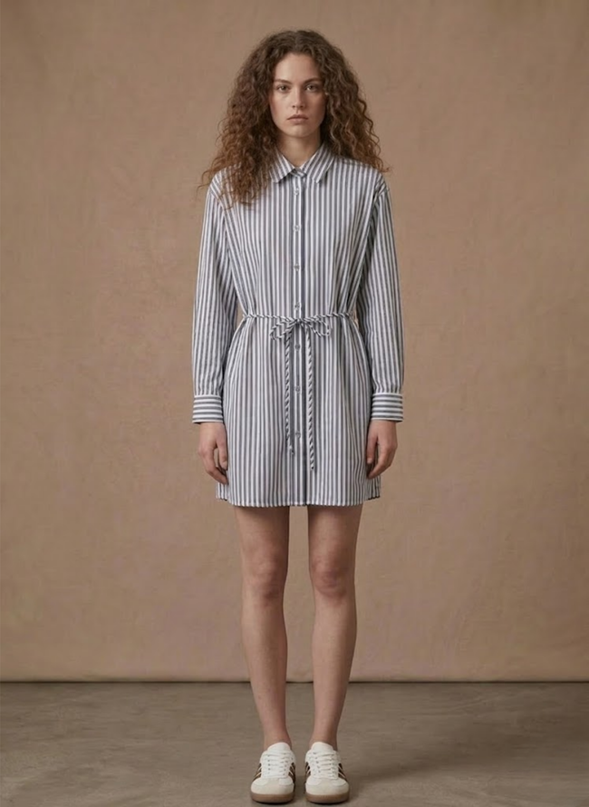Women's striped midi shirt dress by FJØRNA with tie waist, long sleeves, casual style, and button-front design.