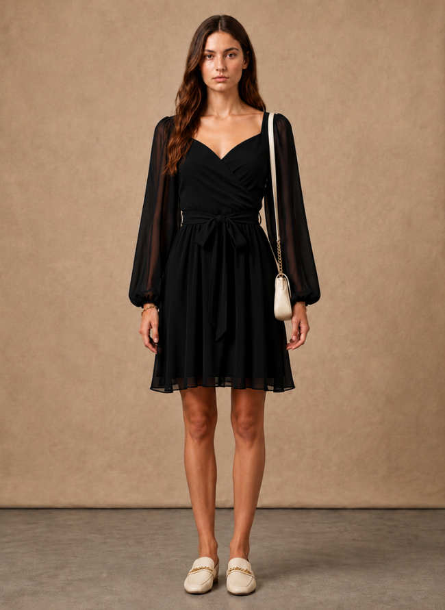 Elegant women's wrap dress by FJØRNA with long sleeves, perfect for wedding guests, featuring a sophisticated and stylish design.