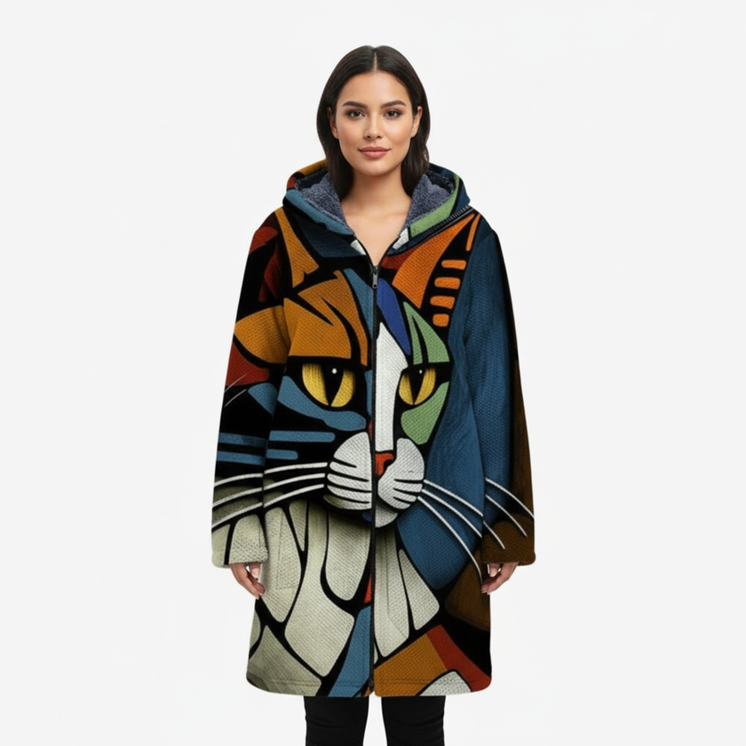 Hooded Jacket Women Cat Print Longline Zip Front