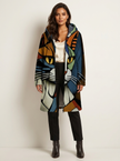 Hooded Jacket Women Cat Print Longline Zip Front