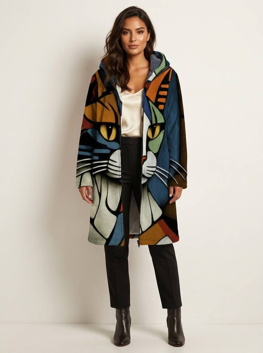 Hooded Jacket Women Cat Print Longline Zip Front