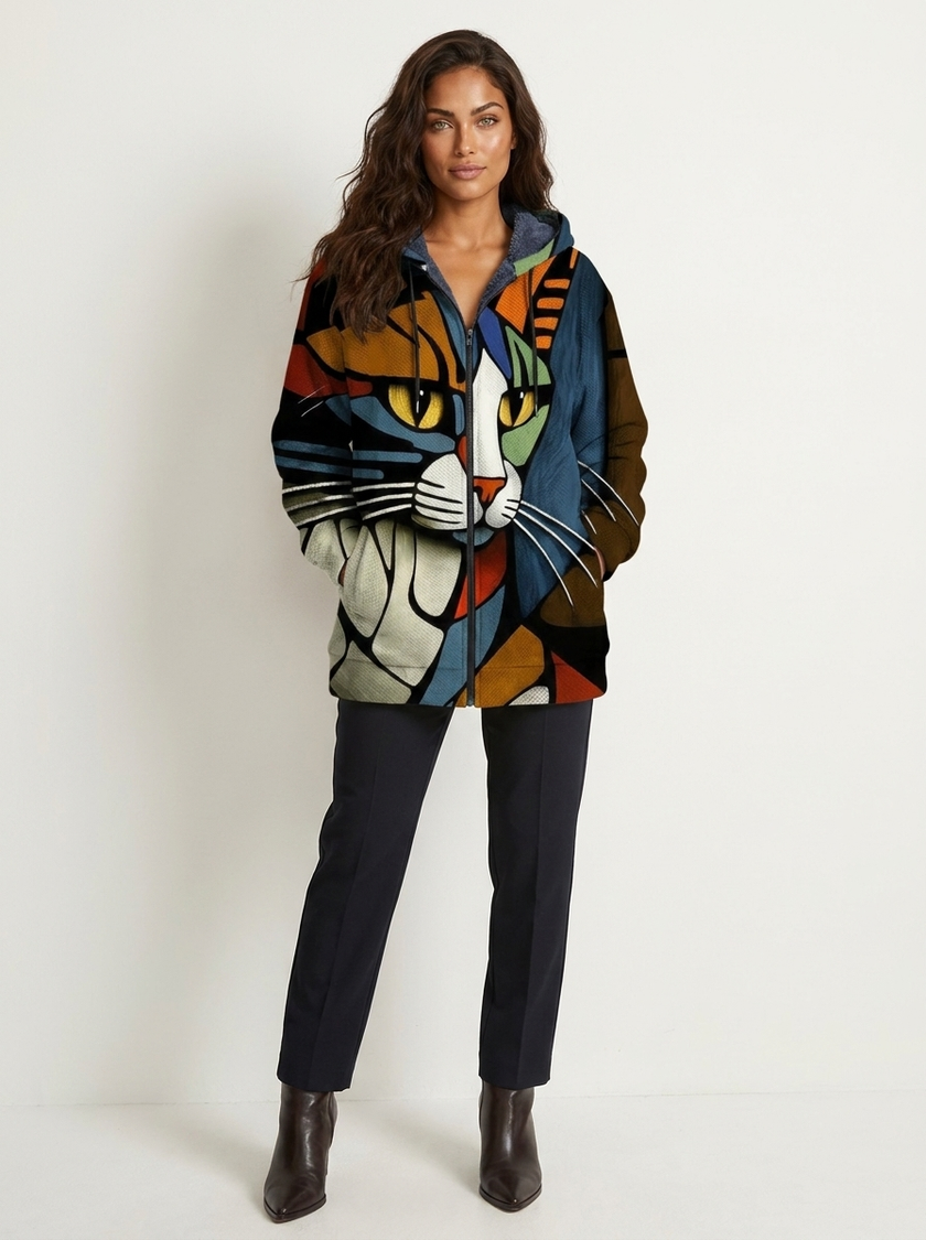 Hooded Jacket Women Cat Print Longline Zip Front