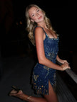 FJØRNA sequin strapless mini dress with high slit, V-neckline, fitted silhouette, and sparkling accents for women evening wear