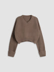 Knit Sweater Women Cropped V-Neck Relaxed Fit Long Sleeve