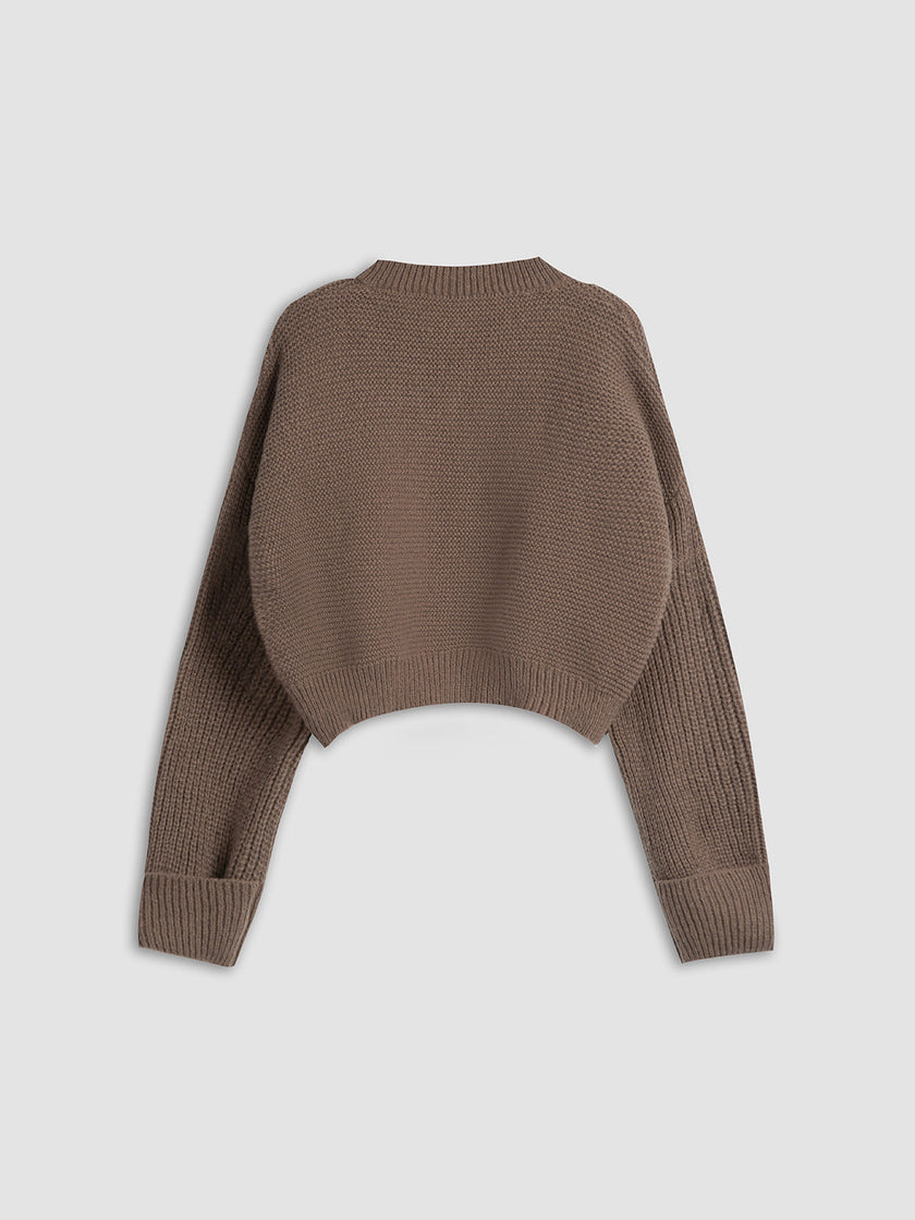 Knit Sweater Women Cropped V-Neck Relaxed Fit Long Sleeve