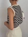 Crochet Knit Vest Top Women Striped V-Neck Black