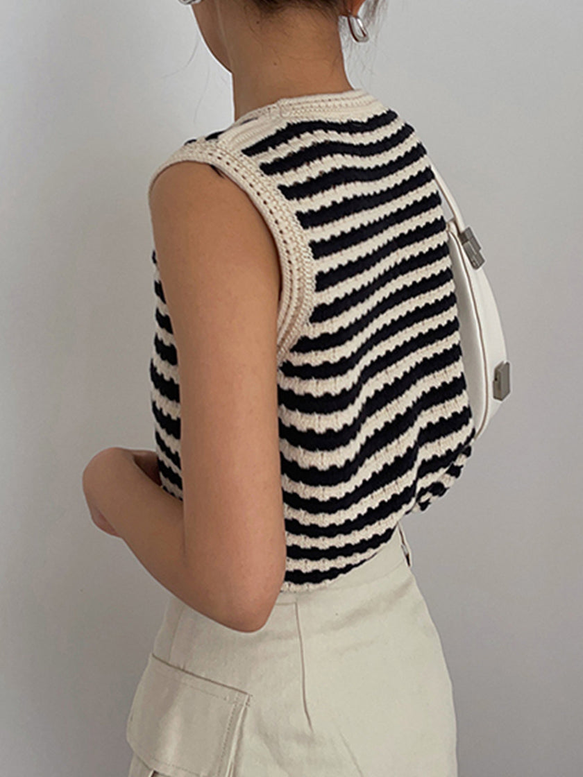 Crochet Knit Vest Top Women Striped V-Neck Black