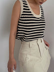 Crochet Knit Vest Top Women Striped V-Neck Black