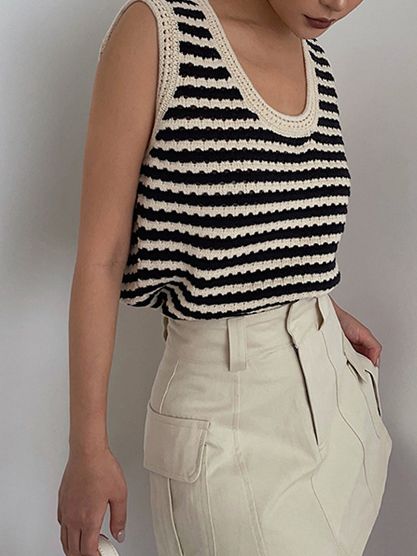 Crochet Knit Vest Top Women Striped V-Neck Black