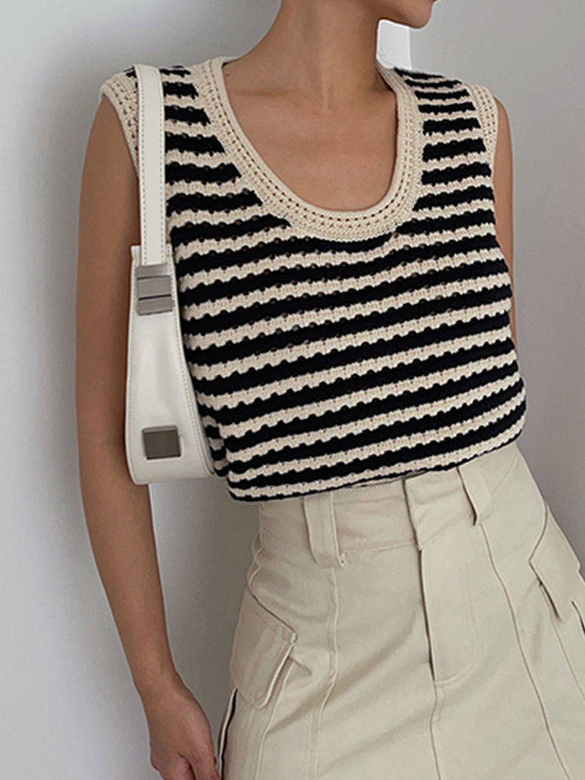 Crochet Knit Vest Top Women Striped V-Neck Black