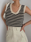 Crochet Knit Vest Top Women Striped V-Neck Black