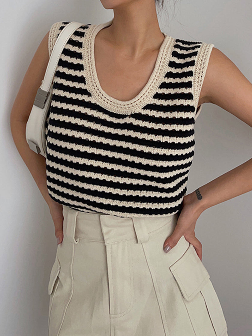 Crochet Knit Vest Top Women Striped V-Neck Black