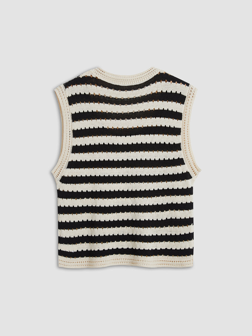Crochet Knit Vest Top Women Striped V-Neck Black