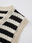 Crochet Knit Vest Top Women Striped V-Neck Black