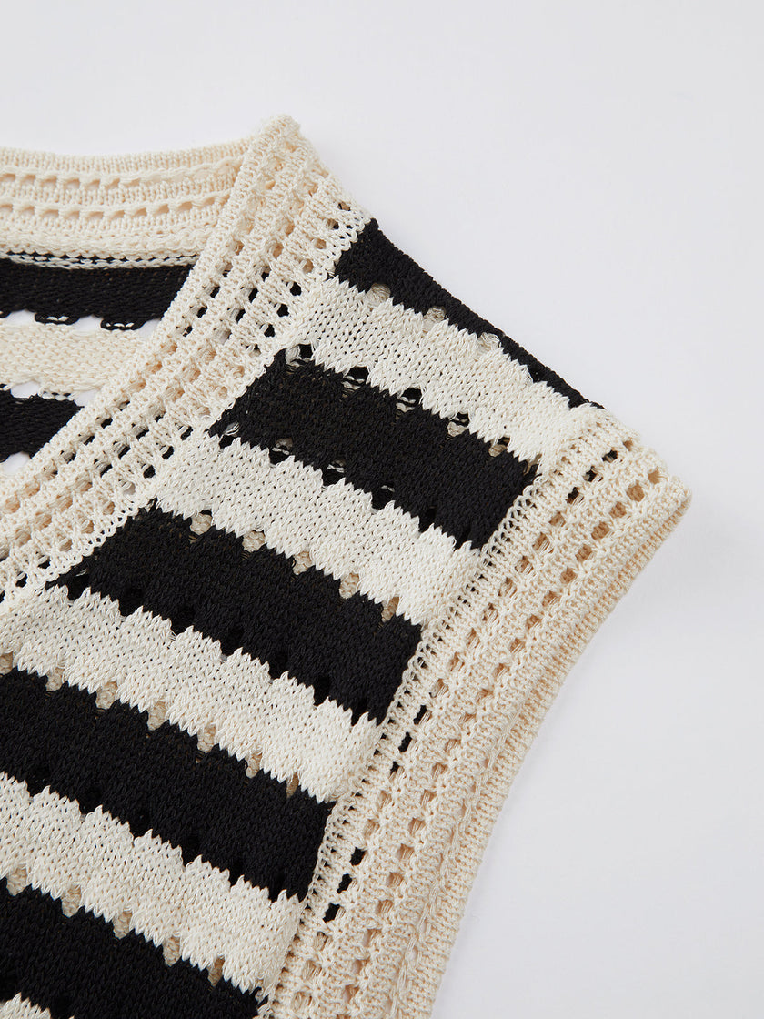 Crochet Knit Vest Top Women Striped V-Neck Black