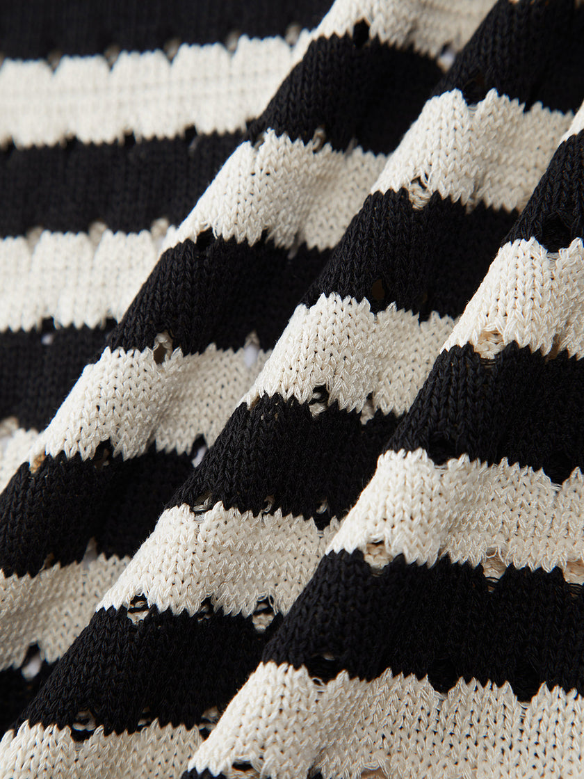 Crochet Knit Vest Top Women Striped V-Neck Black