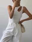 Ribbed Knit Tank Top Women Cutout Semi-Sheer Slim Fit