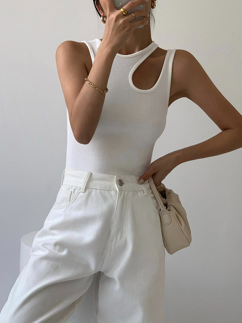 Ribbed Knit Tank Top Women Cutout Semi-Sheer Slim Fit