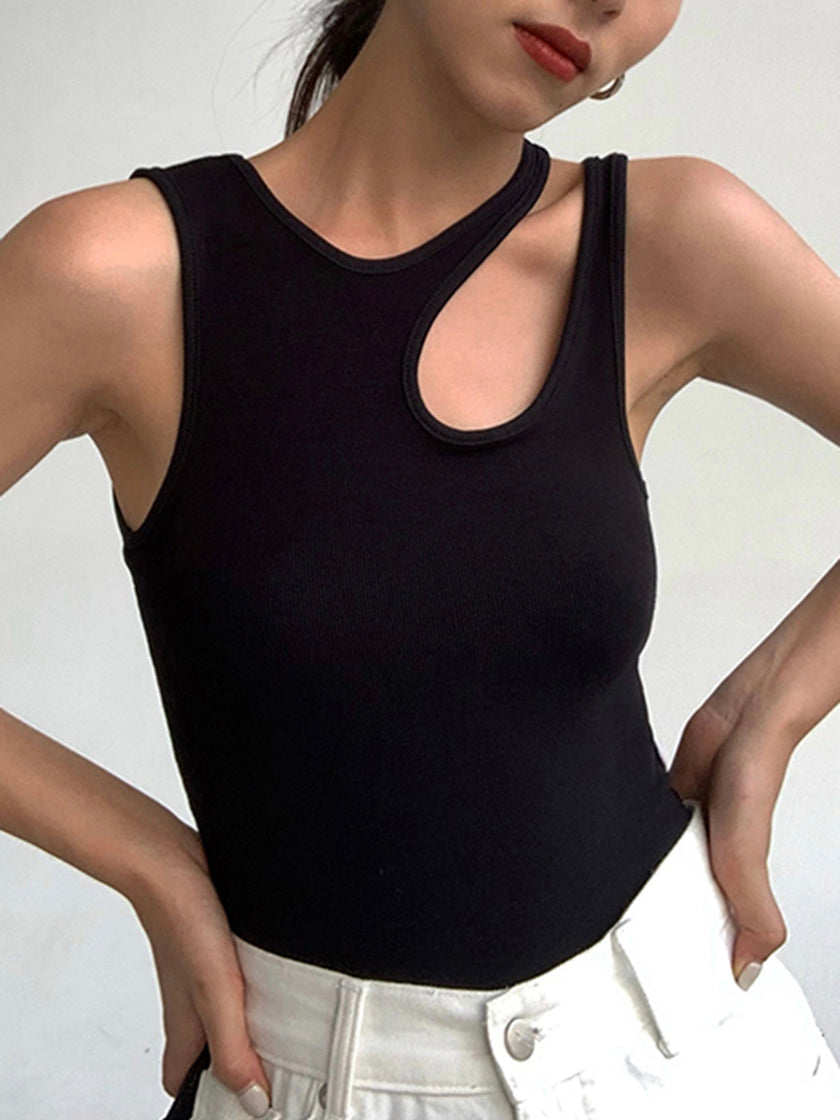 Ribbed Knit Tank Top Women Cutout Semi-Sheer Slim Fit